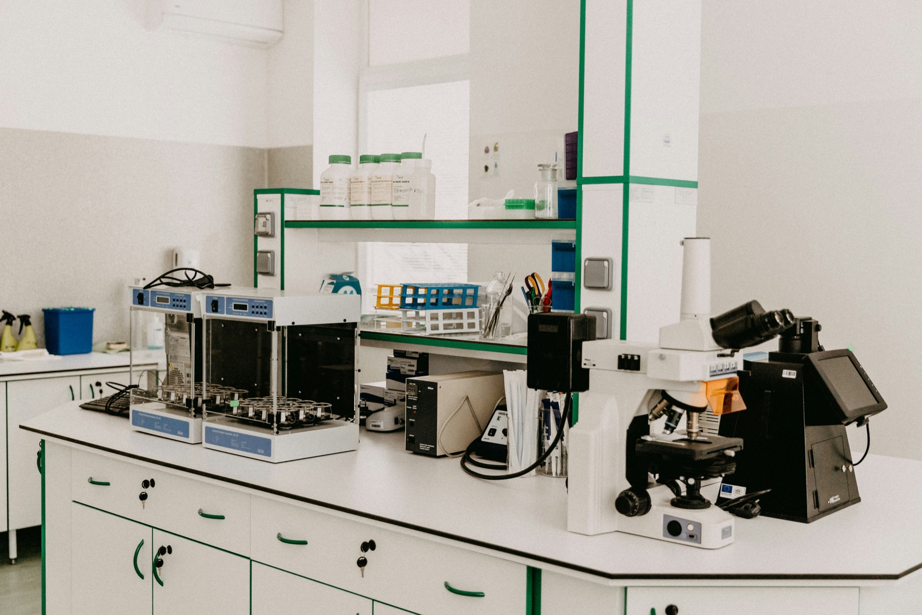 A veterinary laboratory with microscopes and testing equipment